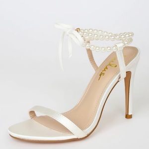Letzy White Satin Pearl Lace-Up High Heel Sandals by Lulus size 7